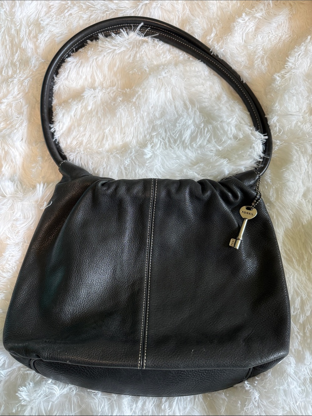 Fossil Black Leather Shoulder Hobo with Key Charm